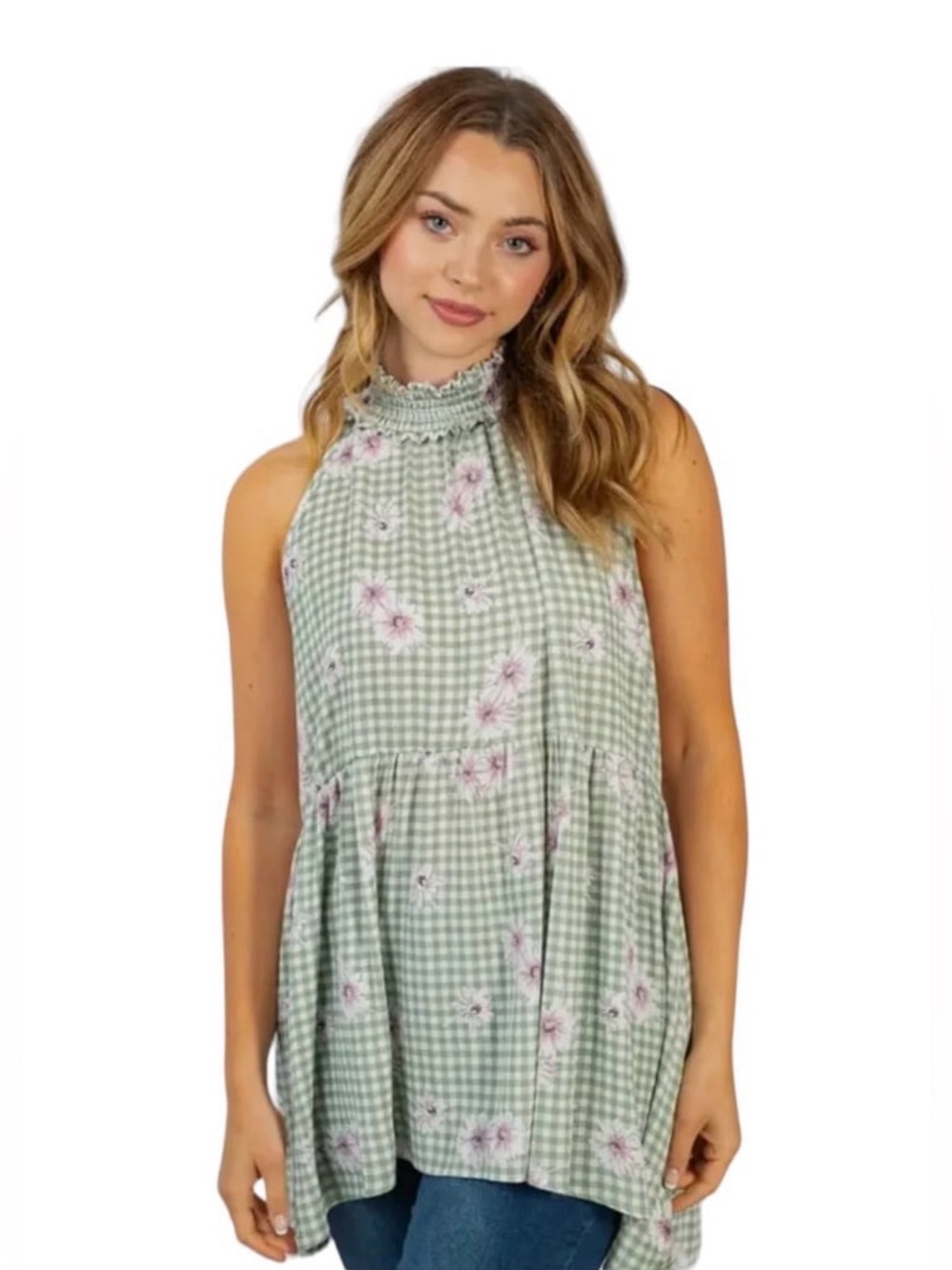 White Birch Boho Smocked Neck Sage Gingham Floral Sleeveless Top - Women